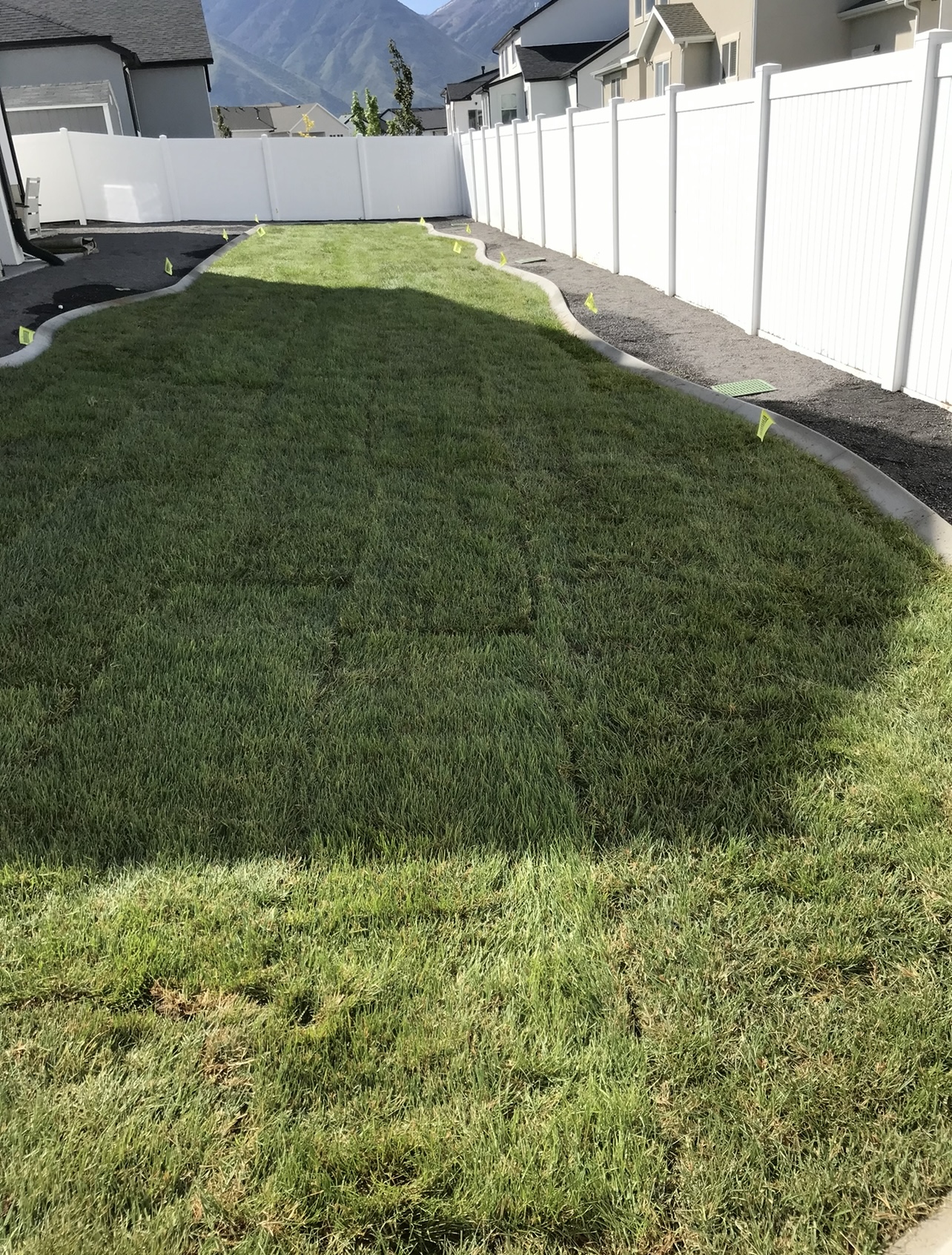 Backyard landscape and lawn installation after fresh sod installation in Utah Valley